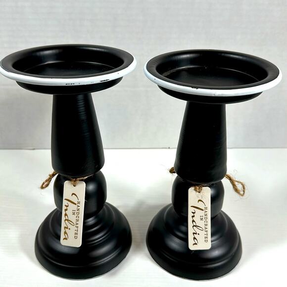 Candle Holders Set Of 2  Black Handcrafted Galvanized White Trim Home Décor‎ - Picture 5 of 5